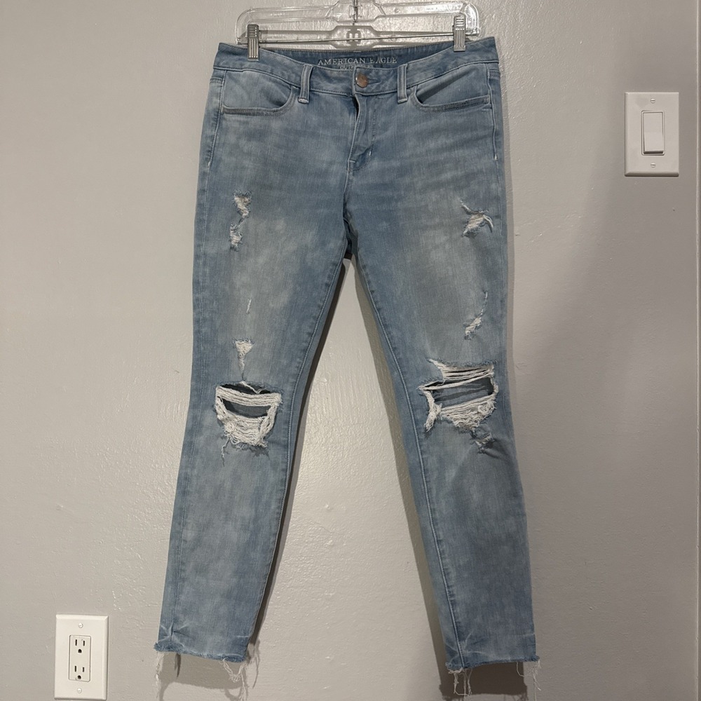 American Eagle Super Super Stretch X4 Skinny Jeans Light Blue Distressed 10S